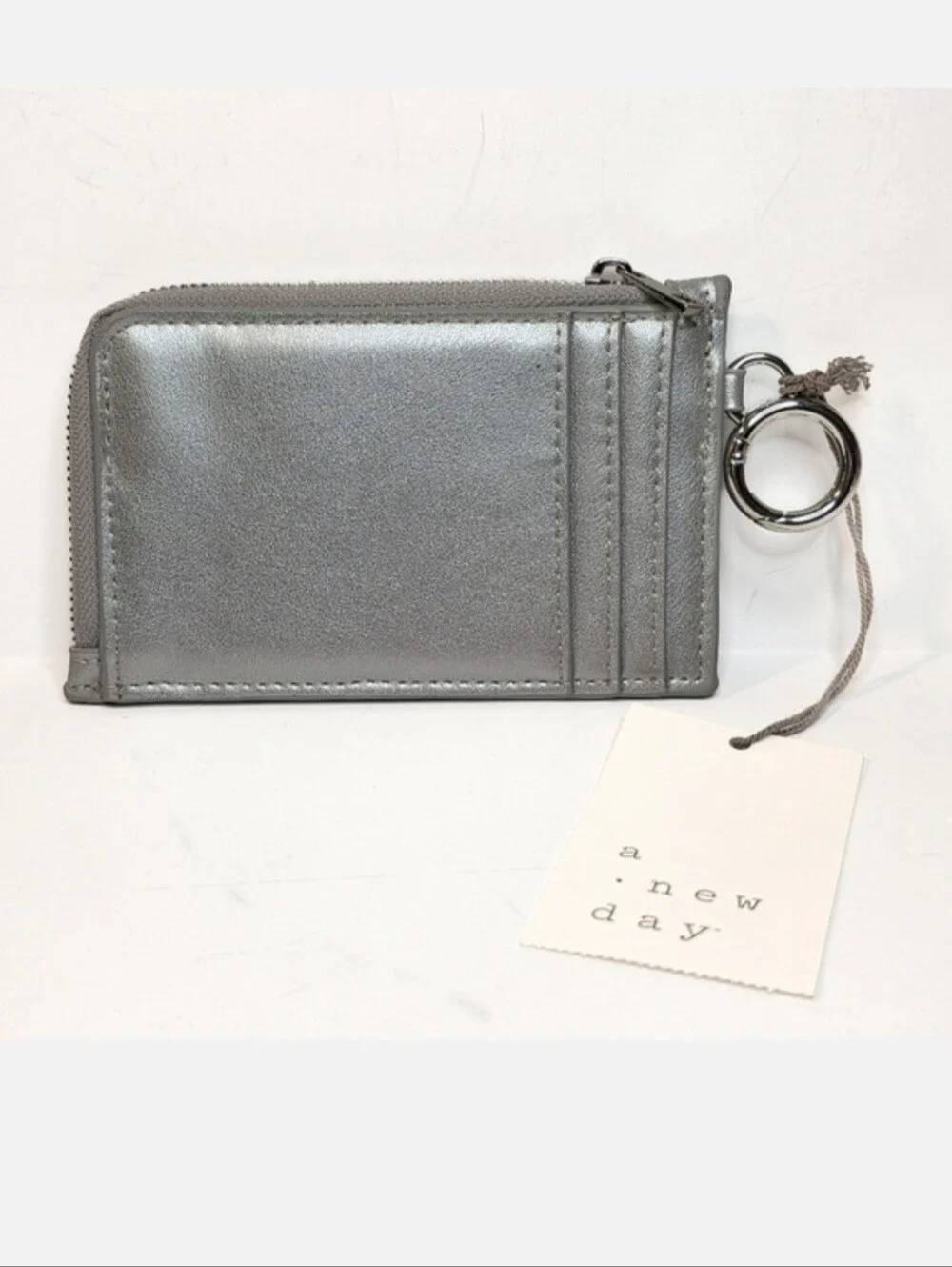 Small Card Case Silver Faux Leather Woven Panel Coin Pouch Keychain Mini Wallet